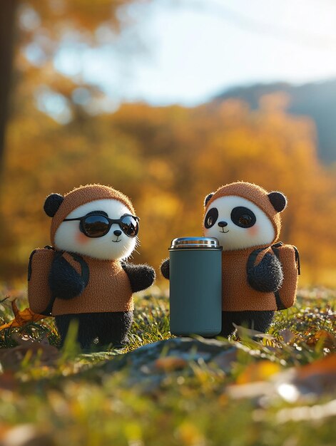 dos pandas de juguete están de pie frente a una tienda y una botella de agua