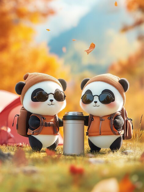 dos pandas de juguete están de pie frente a una tienda y una botella de agua