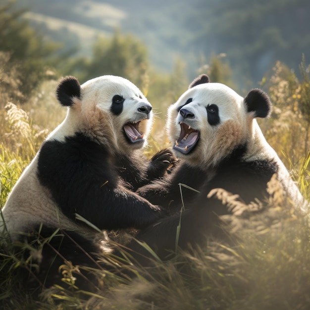 Foto dos pandas luchando juguetonamente en un campo cubierto de hierba