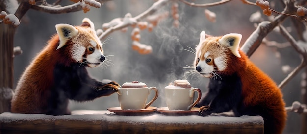 Dos pandas rojos beben café en invierno IA generativa