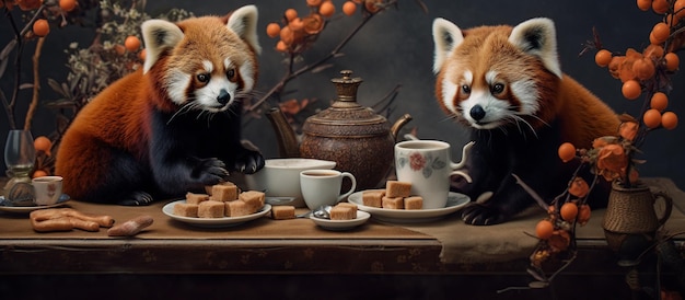 Dos pandas rojos beben café en invierno IA generativa