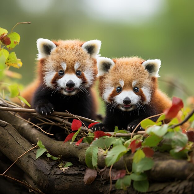 Dos pandas rojos en una rama de un árbol