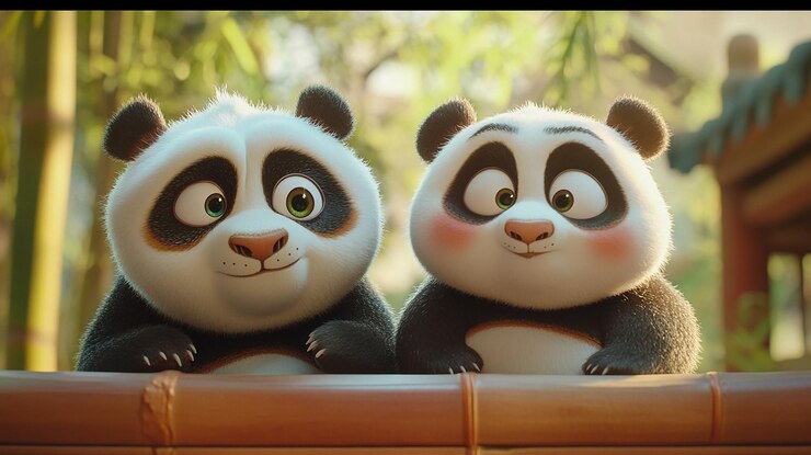 Foto dos pandas sentados en un estante uno de los cuales tiene un ojo verde