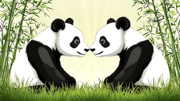 Dos pandas sentados juntos en el bosque de bambú