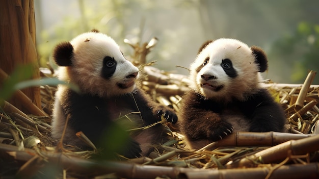 Dos pandas se sientan en una canasta de bambú en un zoológico.
