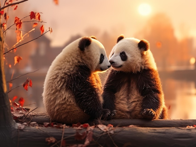 Dos pandas en un tronco con hojas telón de fondo cálido puesta de sol concepto de romance de amor salvaje IA generativa