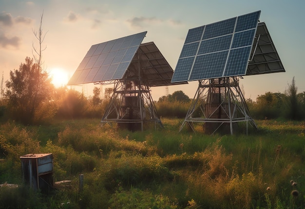 Dos paneles solares en un campo con la puesta de sol detrás de ellos