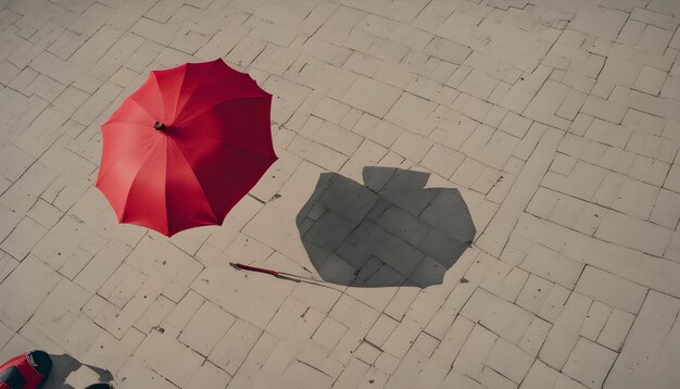 dos paraguas rojos están en el suelo uno de los cuales es rojo