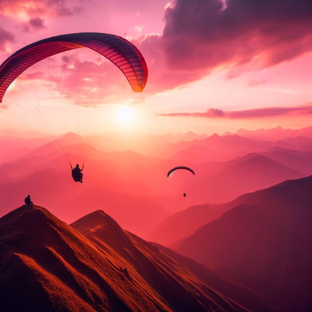 Dos parapentes vuelan sobre la cima de la montaña en la épica luz rosa del atardecer