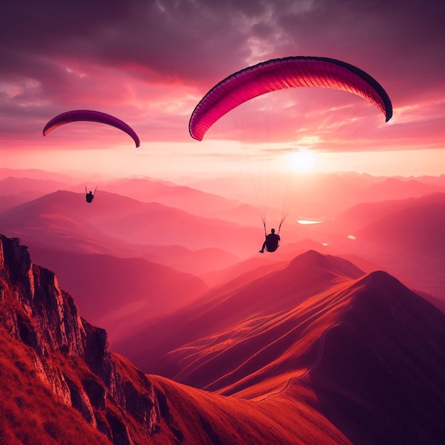 Dos parapentes vuelan sobre la cima de la montaña en la épica luz rosa del atardecer