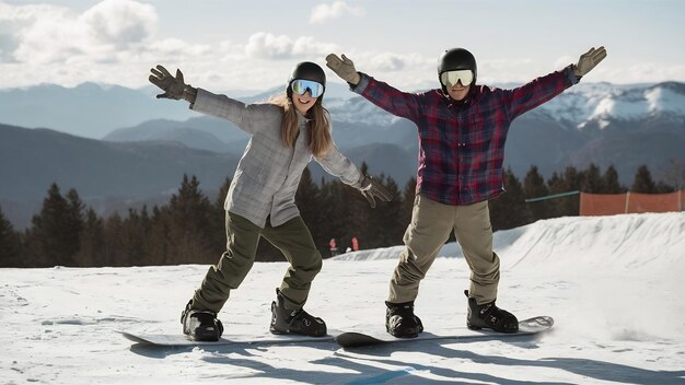 Foto dos parejas divirtiéndose y haciendo snowboard.