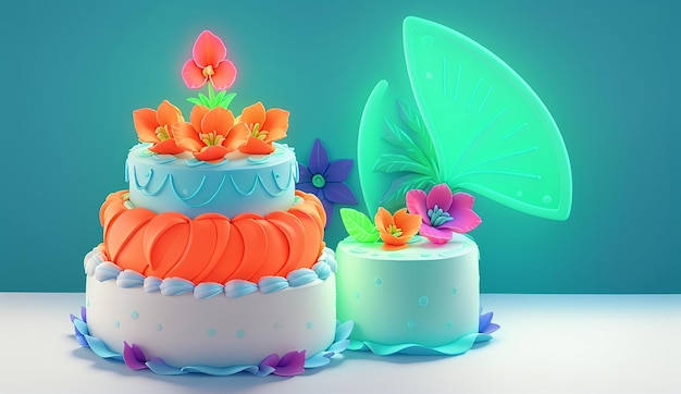 Dos pasteles azules con flores en la parte superior