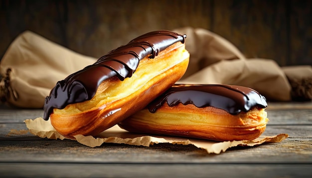 Dos pasteles cubiertos de chocolate en una bolsa de papel marrón