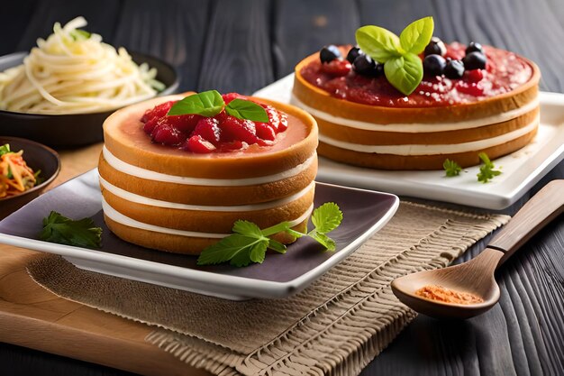 Dos pasteles con diferentes ingredientes en una mesa