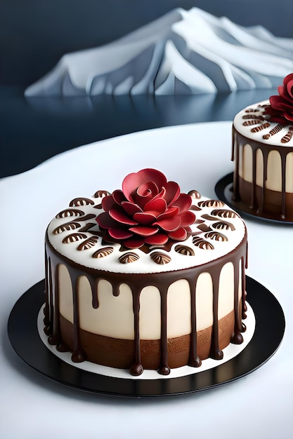 Dos pasteles con glaseado de chocolate y una flor roja encima