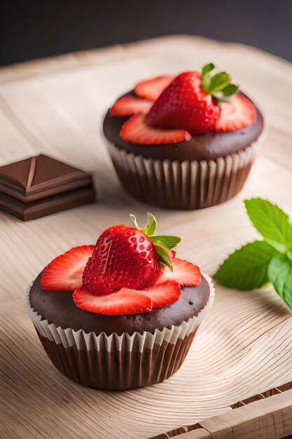 Dos pastelitos de chocolate con una fresa encima