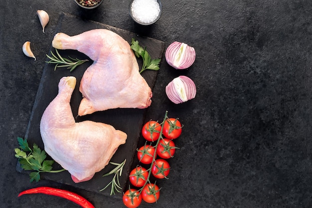 dos patas de pollo crudas con especias y hierbas sobre un fondo de piedra con espacio para copiar el texto