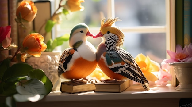 Foto dos patitos mandarín chinos con plumas cerca de la ventana con flores como señal de amor