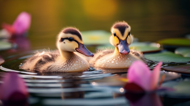 dos patos bebés estaban nadando entre los lotos