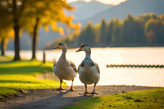 Dos patos en un camino junto a un lago