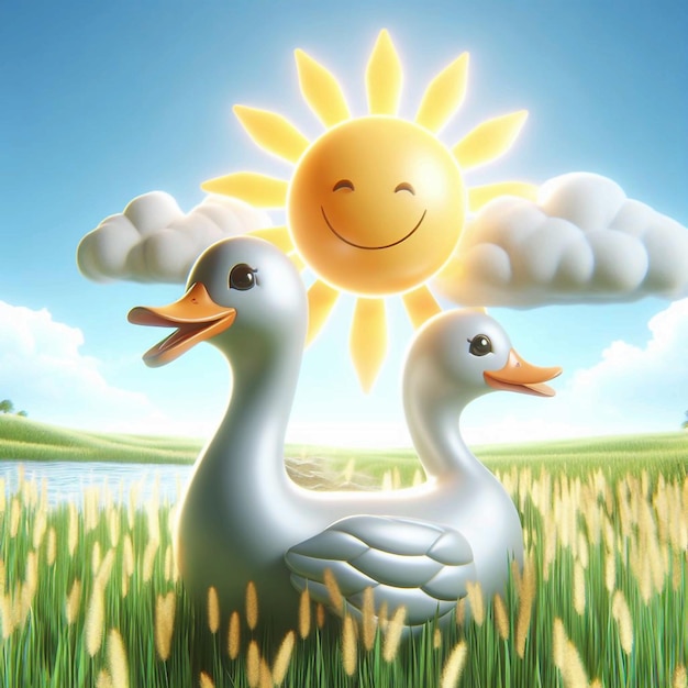 dos patos están de pie en un campo con nubes y el sol detrás de ellos