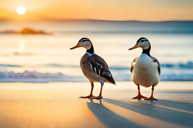 Dos patos en una playa al atardecer