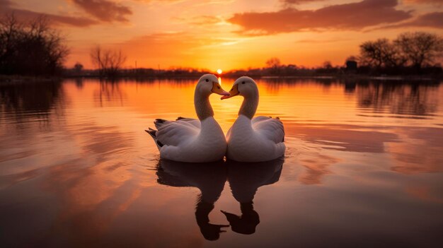 Foto dos patos ponen sus cabezas juntas para hacer una puesta de sol en forma de corazón