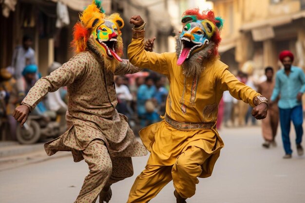 dos payasos con plumas de colores y un traje amarillo con la palabra loro en ellos