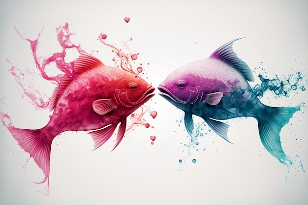 Dos peces se están besando Hermoso efecto de acuarela Día de San Valentín amor Relación de pareja Postal diseño de tarjeta de felicitación IA generativa