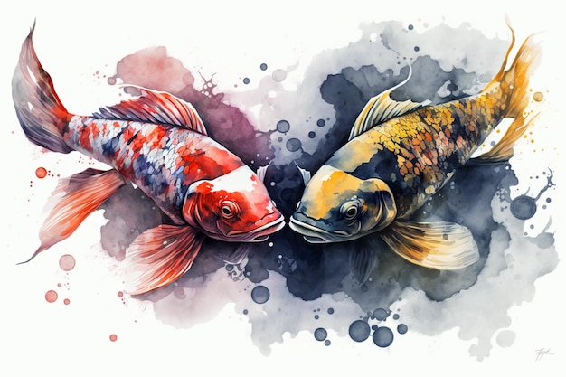 Dos peces koi con estilo de acuarela en fondo blanco Ilustración generativa de IA