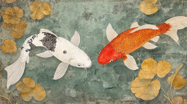 Dos peces Koi nadando en un estanque uno negro y blanco el otro naranja y rojo rodeados de hojas amarillas