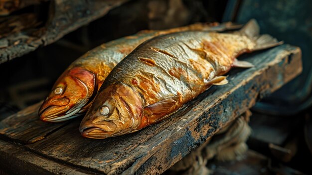 Dos peces en una mesa de madera