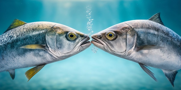 Foto dos peces salvajes besándose bajo el agua con espacio de copia ai generativo