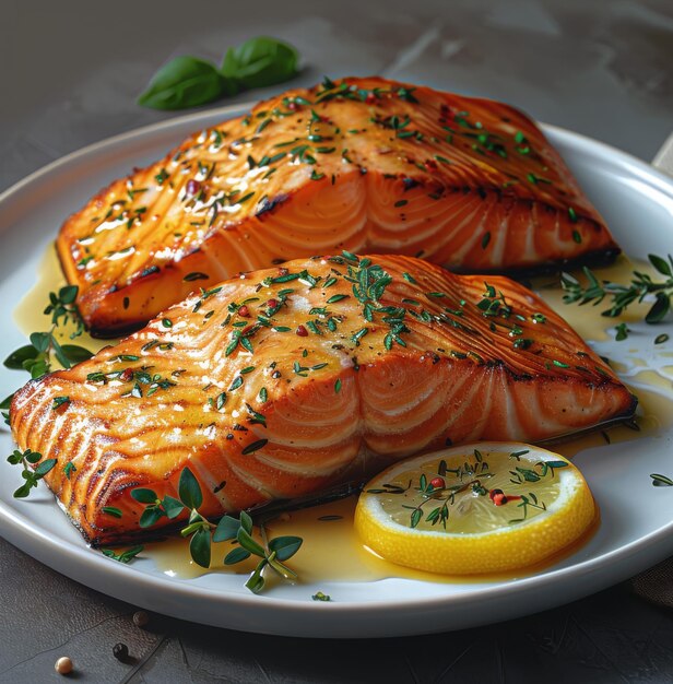 Dos pedazos de salmón con cuñas de limón en el plato