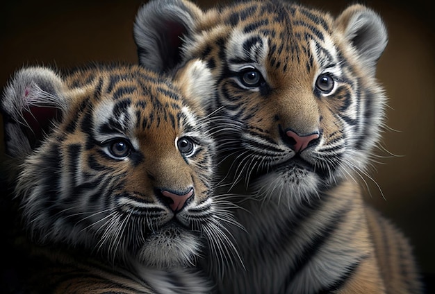 Dos pequeños cachorros de tigre Arte generativo Ai Concepto de vida silvestre