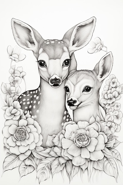 dos pequeños ciervos amor páginas de colorear línea de arte