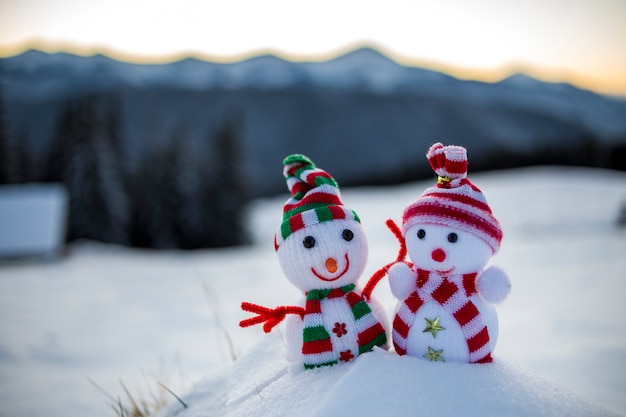 Foto dos pequeños juguetes divertidos bebé muñeco de nieve con sombreros de punto y bufandas en la nieve profunda al aire libre