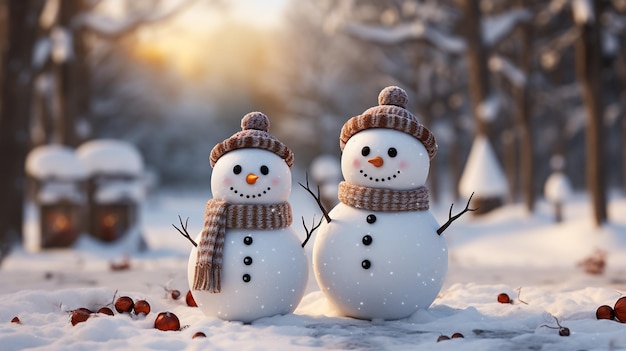 Dos pequeños juguetes divertidos muñeco de nieve bebé con gorros tejidos y bufandas en la nieve profunda al aire libre en un azul brillante