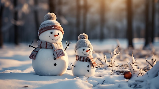 Dos pequeños juguetes divertidos muñeco de nieve bebé con gorros tejidos y bufandas en la nieve profunda al aire libre en un azul brillante