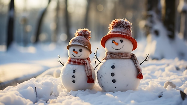 Dos pequeños juguetes divertidos muñeco de nieve bebé con gorros tejidos y bufandas en la nieve profunda al aire libre en un azul brillante