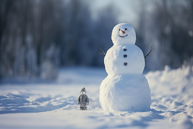 Dos pequeños juguetes divertidos representan un muñeco de nieve recién nacido al aire libre en una espesa nieve con gorros tejidos y sc
