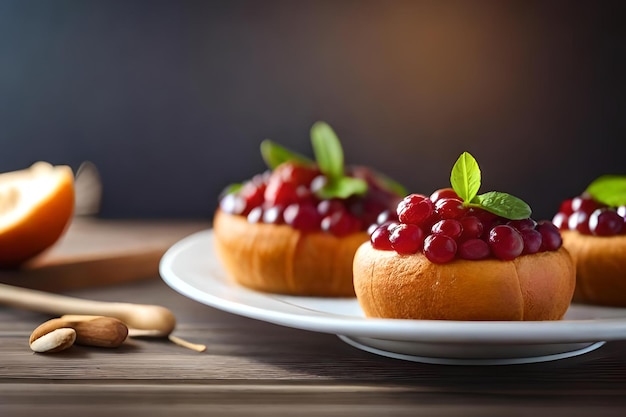 Dos pequeños pasteles con cerezas encima en un plato con una cuchara de madera a un lado.