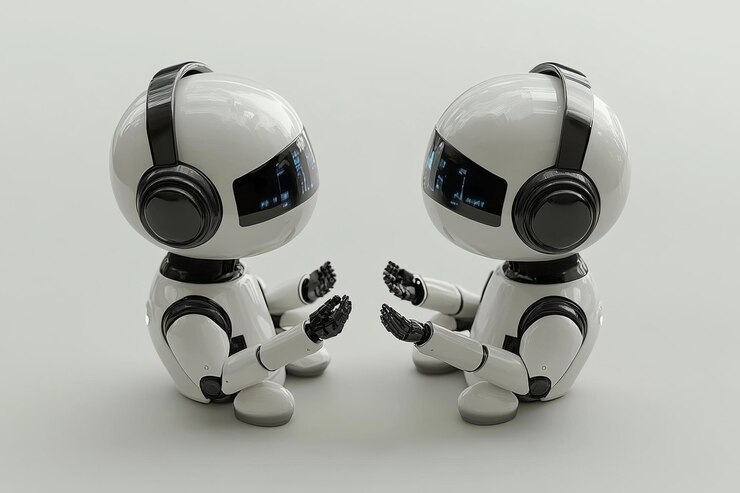 Foto dos pequeños robots participan en una interacción amistosa que destaca el papel de la ia en el fomento de la comunicación