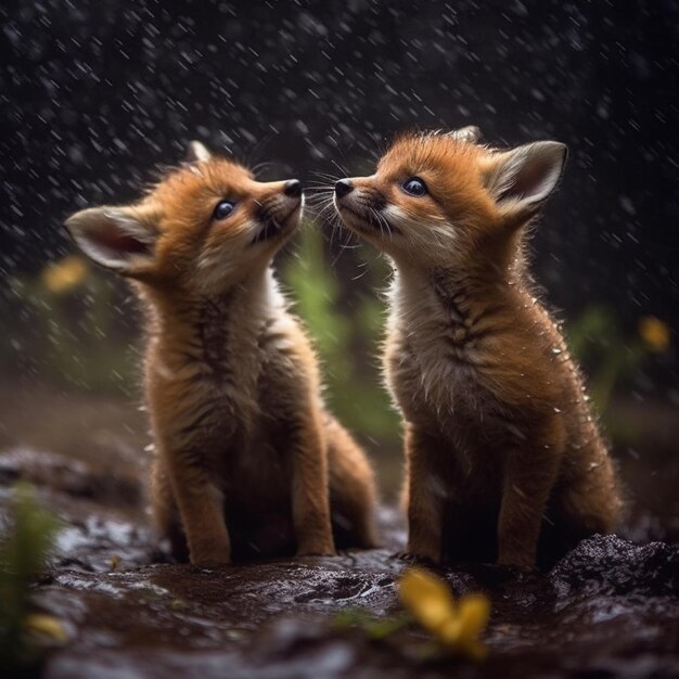 Foto dos pequeños zorros están sentados en la lluvia y mirándose el uno al otro generativo ai