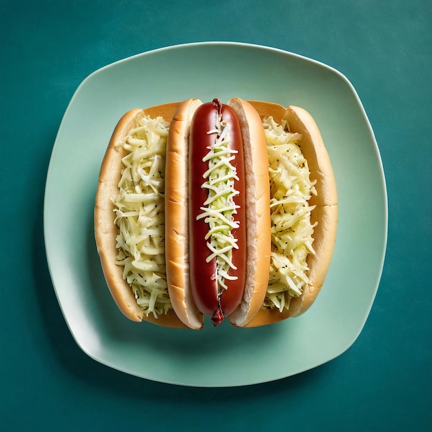 Foto dos perritos calientes en un plato con un plato verde con un fondo verde