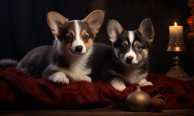 dos perros acostados en una tela roja con una bola de oro en el fondo