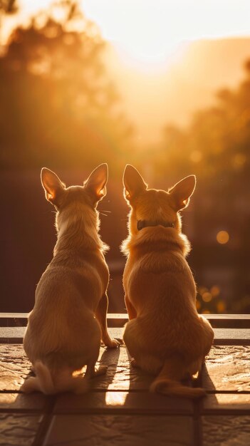 Foto dos perros al atardecer en un campo de hierba