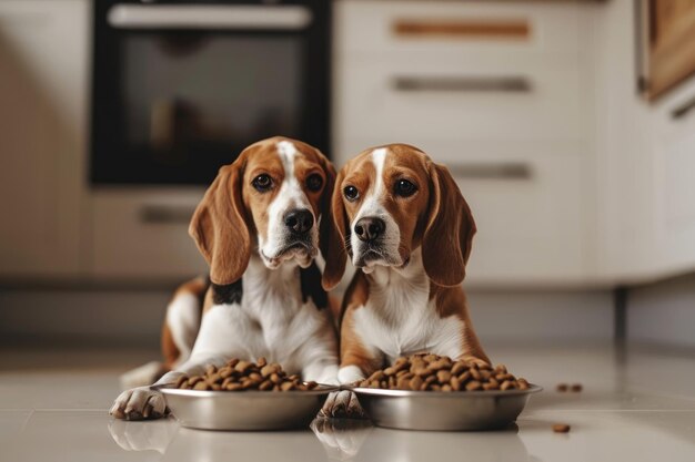 Foto dos perros beagles sentados con un plato de comida seca