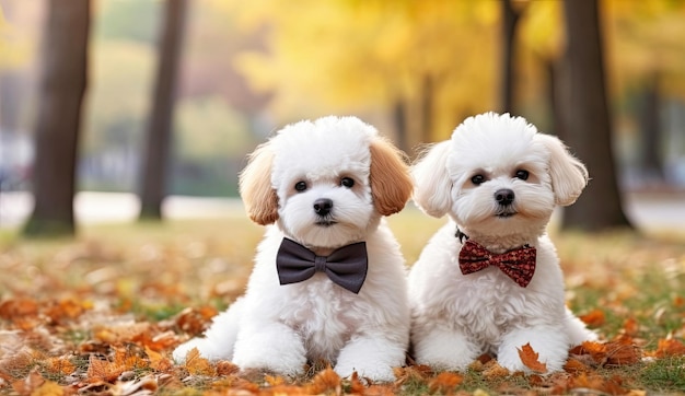 Dos perros bichon frise con lazos en el parque de otoño