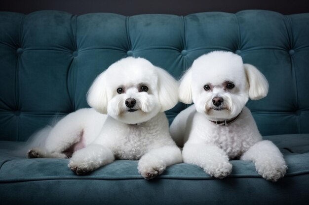 Dos perros bichon frise se sientan en un sofá